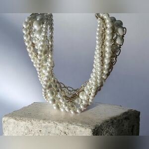 White House Black Market Multi-Strand White Pearl and Gold Chain Necklace
